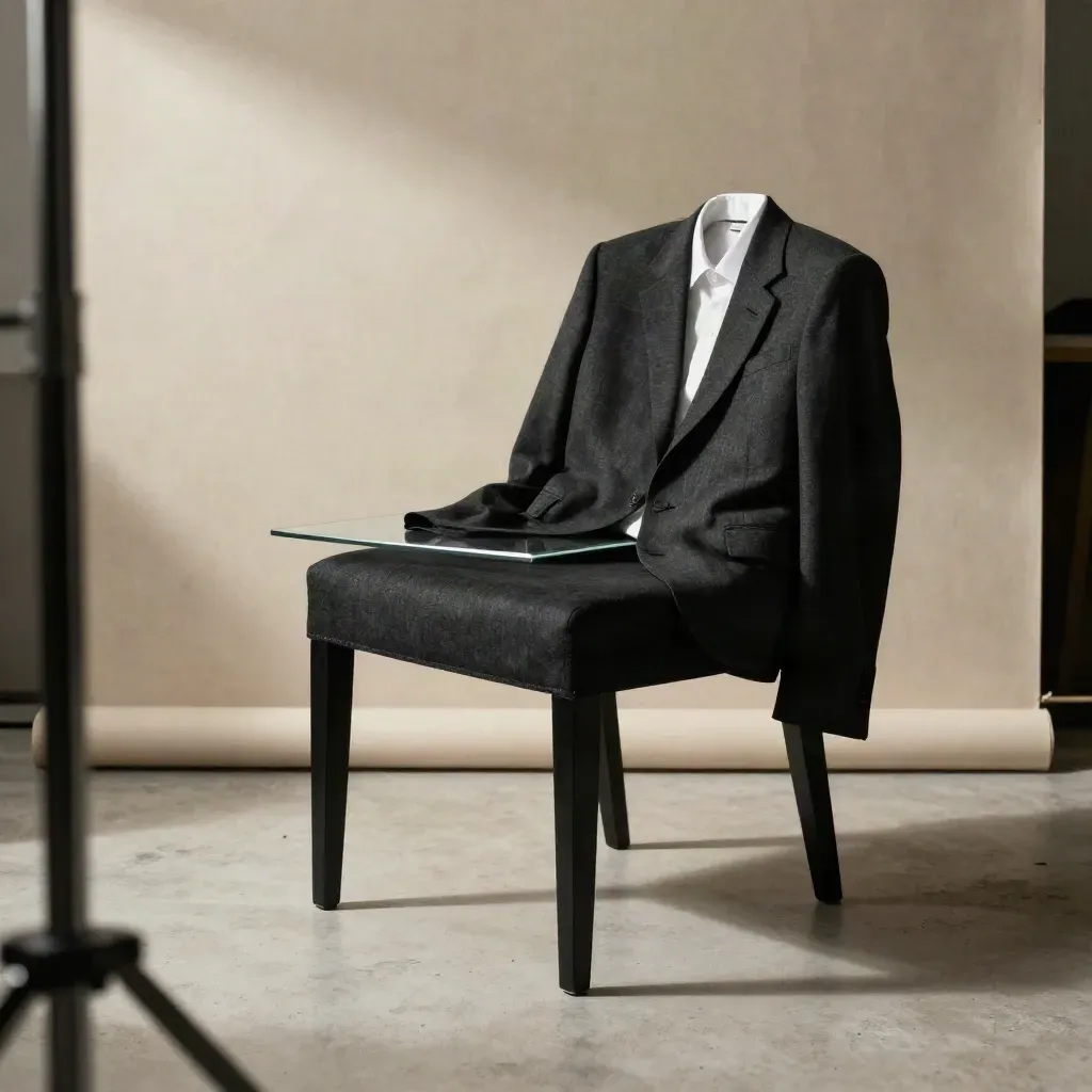 Lege portretstudio met stoel, blazer, wit overhemd en glazen tafelvlak in zacht middaglicht