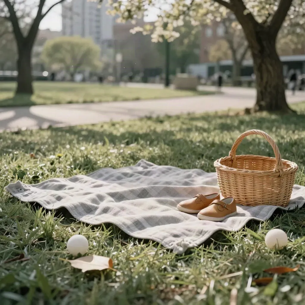 Geruite picknickdeken, kinderschoenen, mand en bal in een lentig stadspark vanaf laag standpunt.