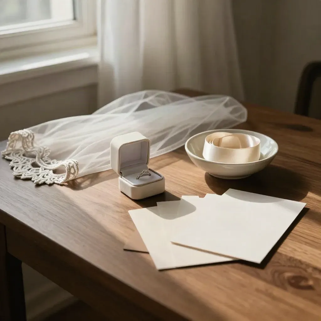 Bruidsplanningset met ringdoos, voile, keramisch schaaltje, lint en kaartjes op warm hout.