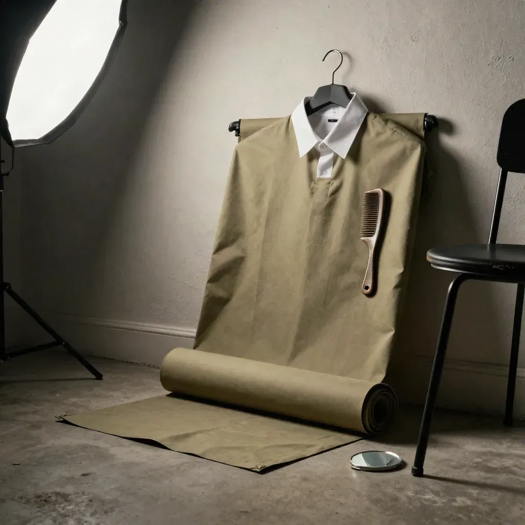 Laag gefotografeerde studiorhoek met shirtkraag, backdroprol, kam, spiegel en stoelrand in schaduw.
