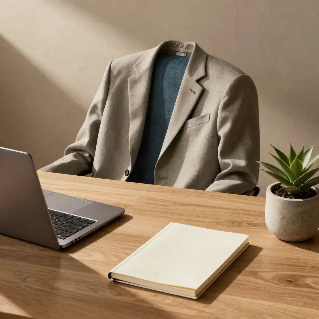 Zakelijke werkhoek met laptop, notitieboek, blazer op stoel en plant in zacht namiddaglicht.