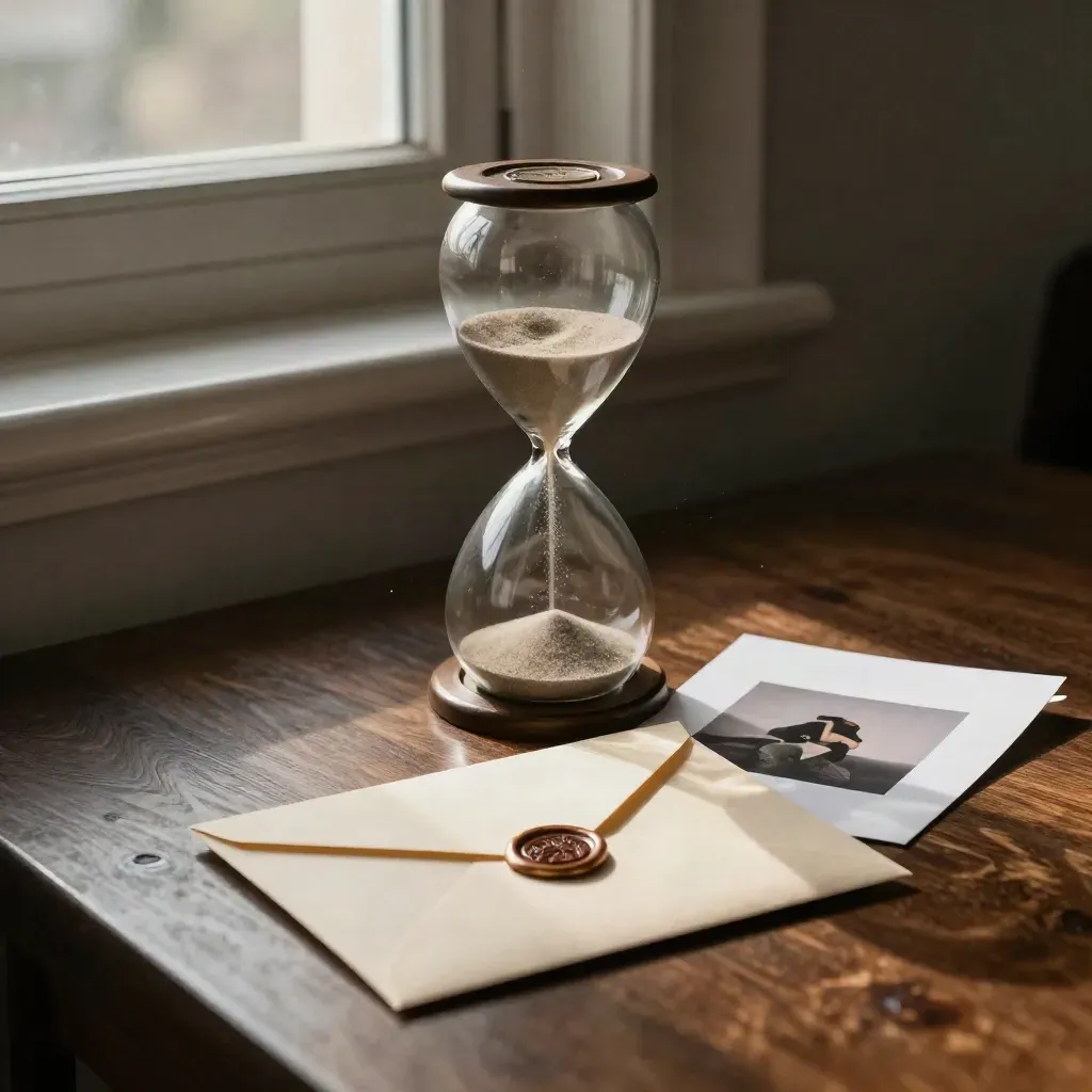Uurglas, verzegelde offerte-envelop en proefbladen op een donkere houten tafel in warm licht