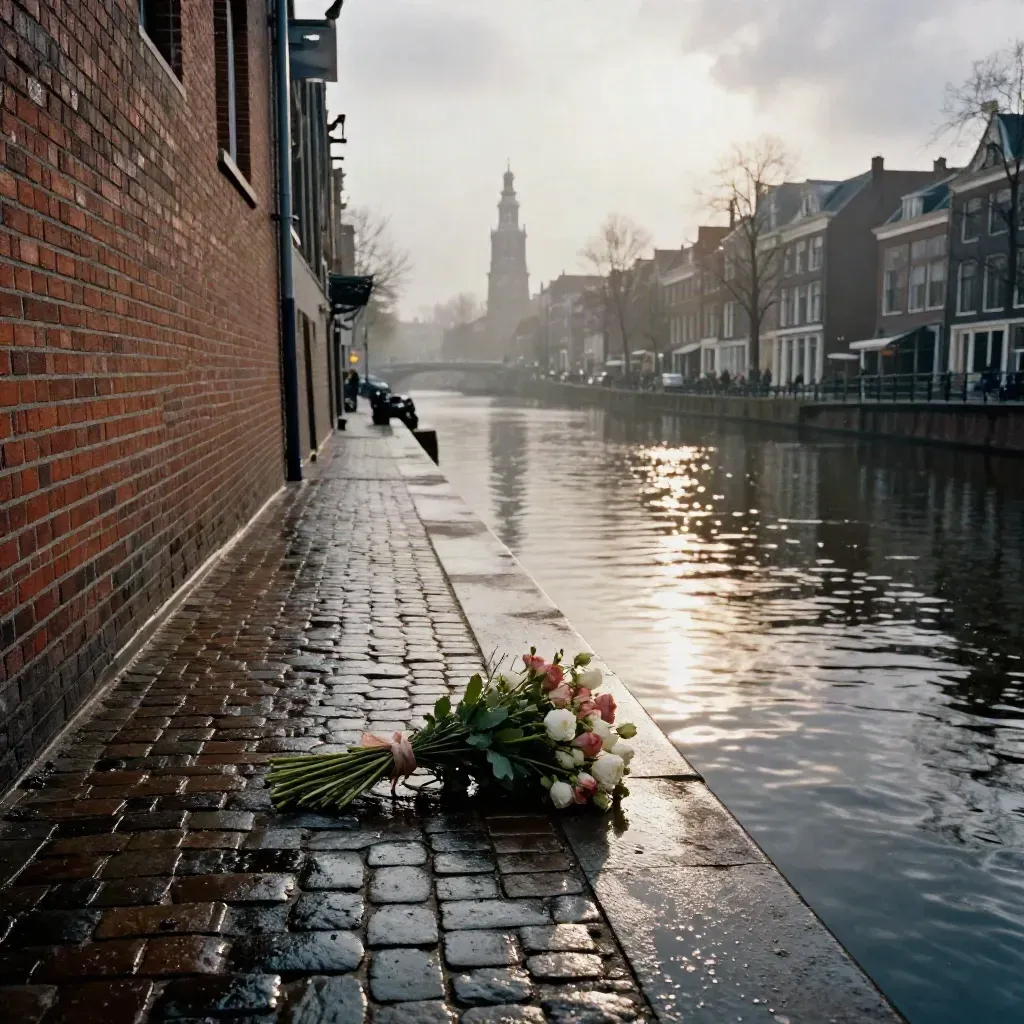 Utrechtse gracht na regen met natte kademuur, glanzende keien, bloemenbundel en Domtoren in mist.