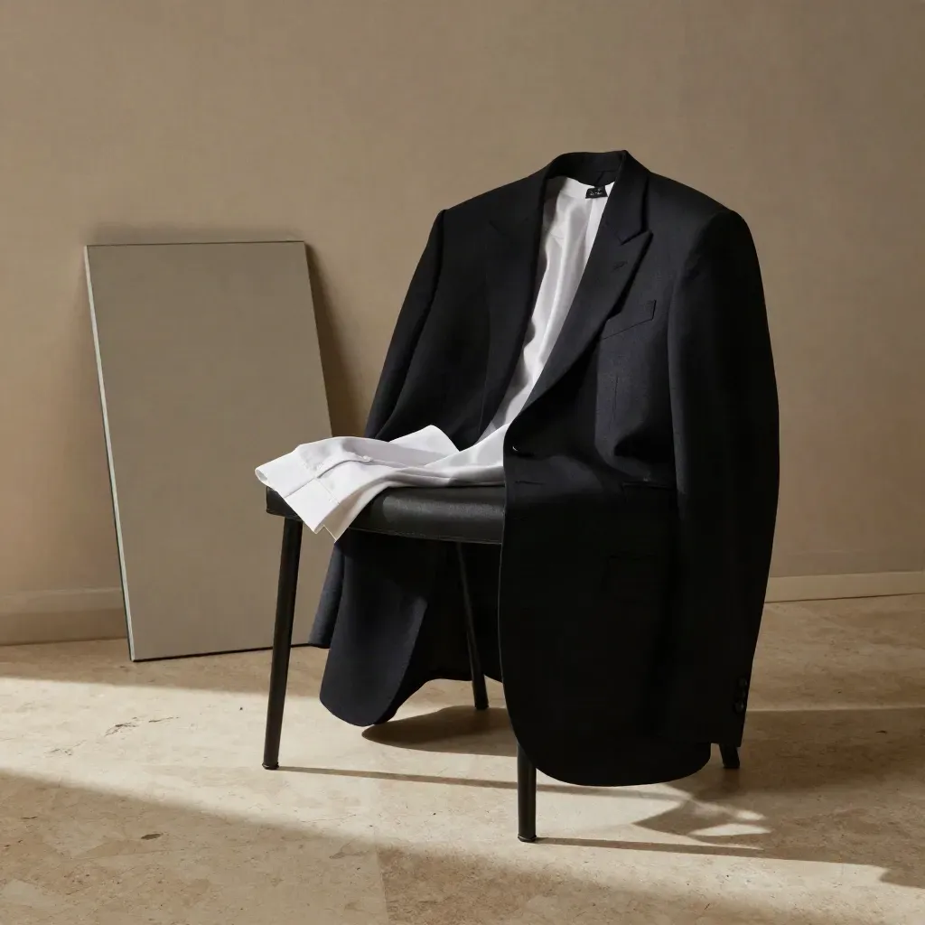 Blazer, wit overhemd en studiopanel in een zakelijke fotoset, laag van de vloer gezien.