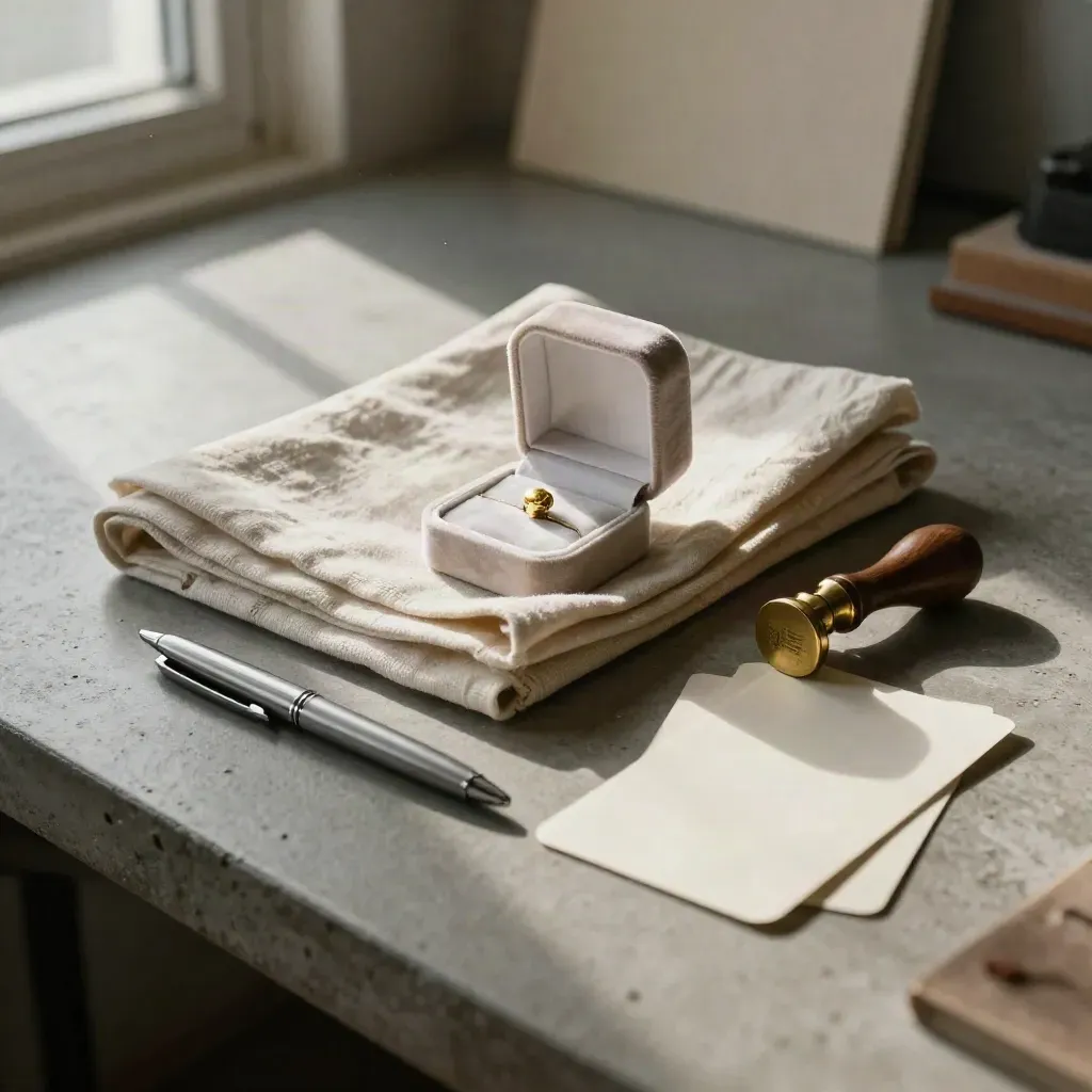 Trouwkit met ringdoos, linnen en zegeltool op betonnen werkblad in warm vensterlicht.