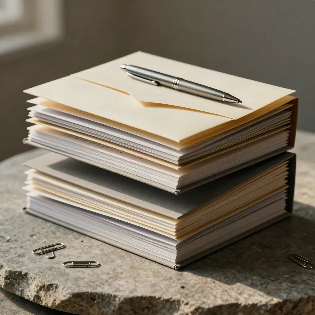 Drie offerte-mappen, paperclips en een envelop op natuursteen in warm grijs licht.