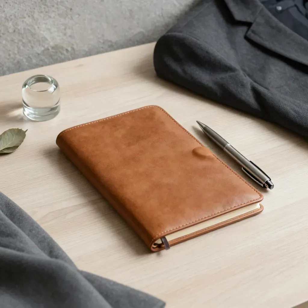 Zakelijke still life met leren notitieboek, pen, glasgewicht, blad en blazer op lichte houten tafel.